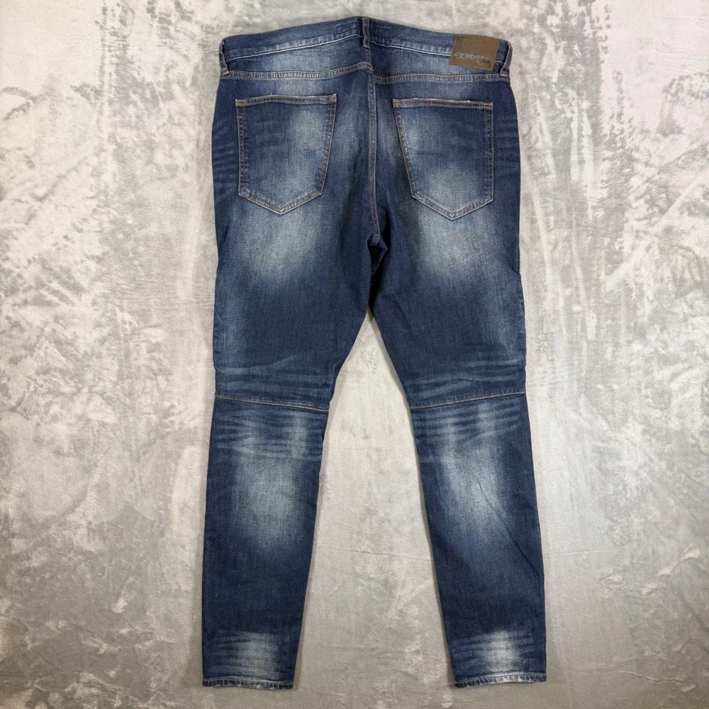 Express Alec Super Skinny Jeans Mens Size 36x34 Blue Dark Wash Moto Ribbed Denim